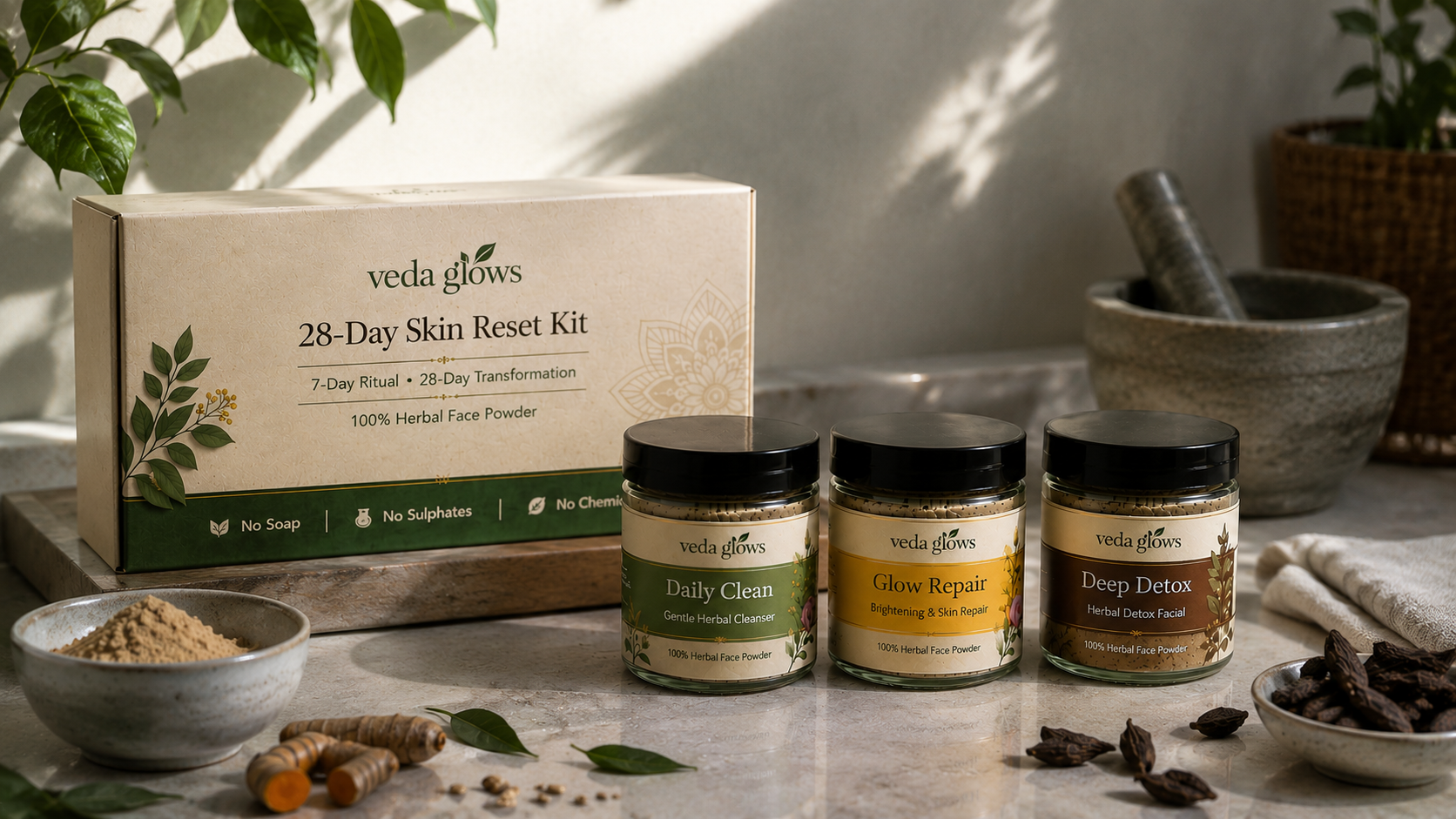 VedaGlows 28-Day Skin Reset Starter Kit with Daily Clean, Glow Repair, and Deep Detox